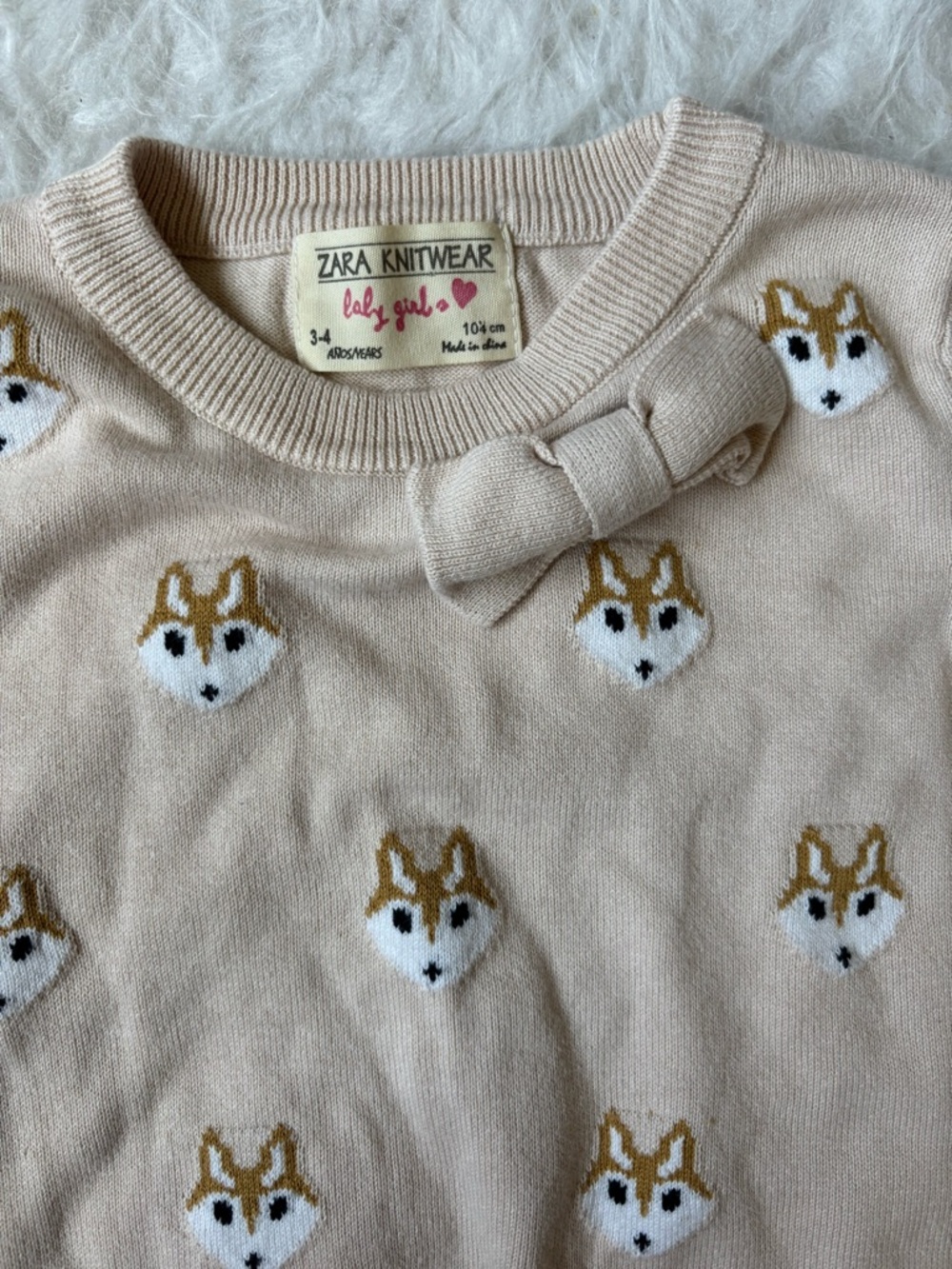 Zara Girls Cream Knit Sweater with Fox AOP and Bow Detail - Picture 2 of 3